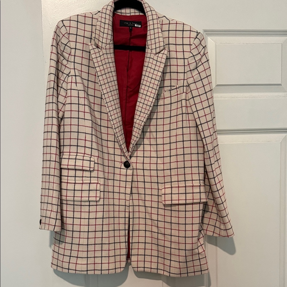 rag & bone Cream Windowpane Blazer with Red Lining